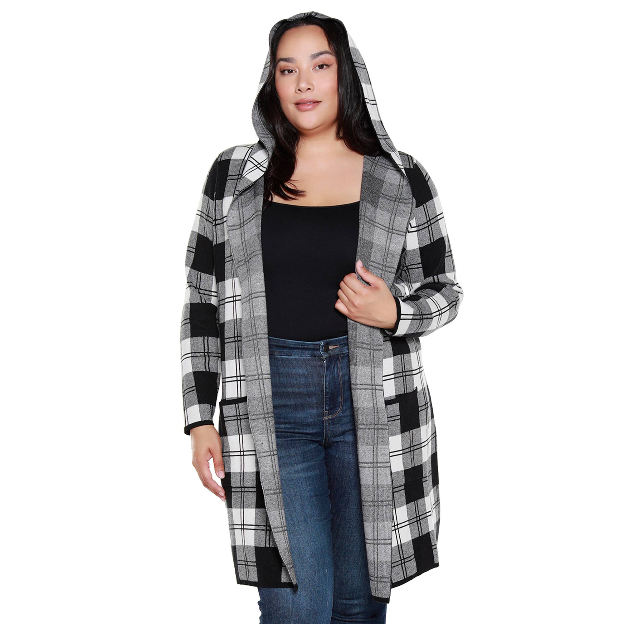 Belldini - Wholesale Cardigan - Women's - Plus Size Hooded Checkered Plaid Coatigan Sweater5