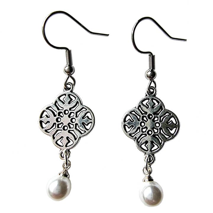 Ornate Silver Charm & Pearl Earrings for wholesale by Cheeky Trendy