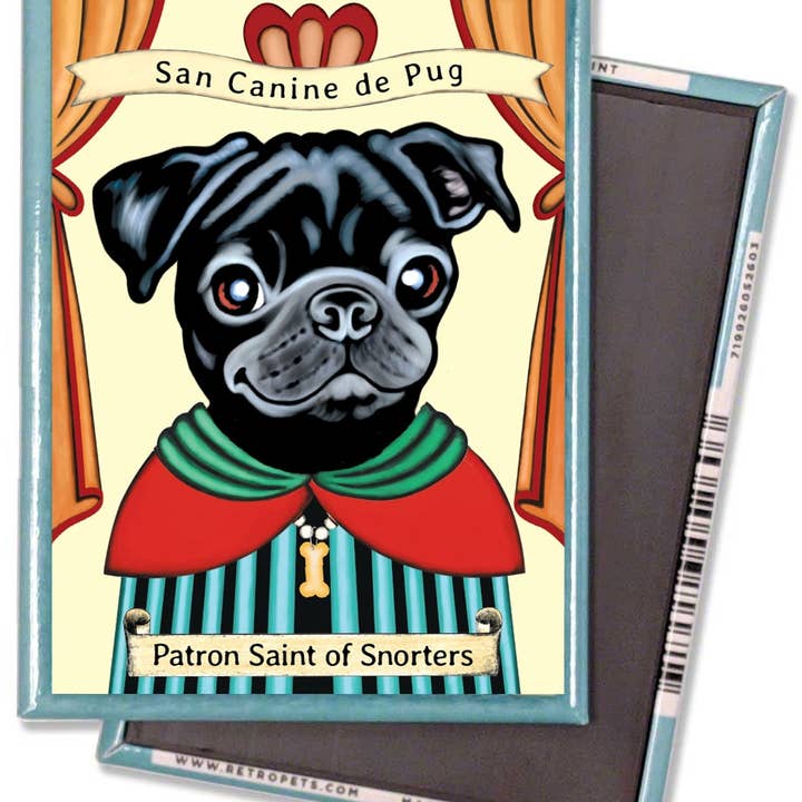 Retro Pets - Wholesale Magnet - Black Pug 'Saint of Snorters' 4-Pack Magnets