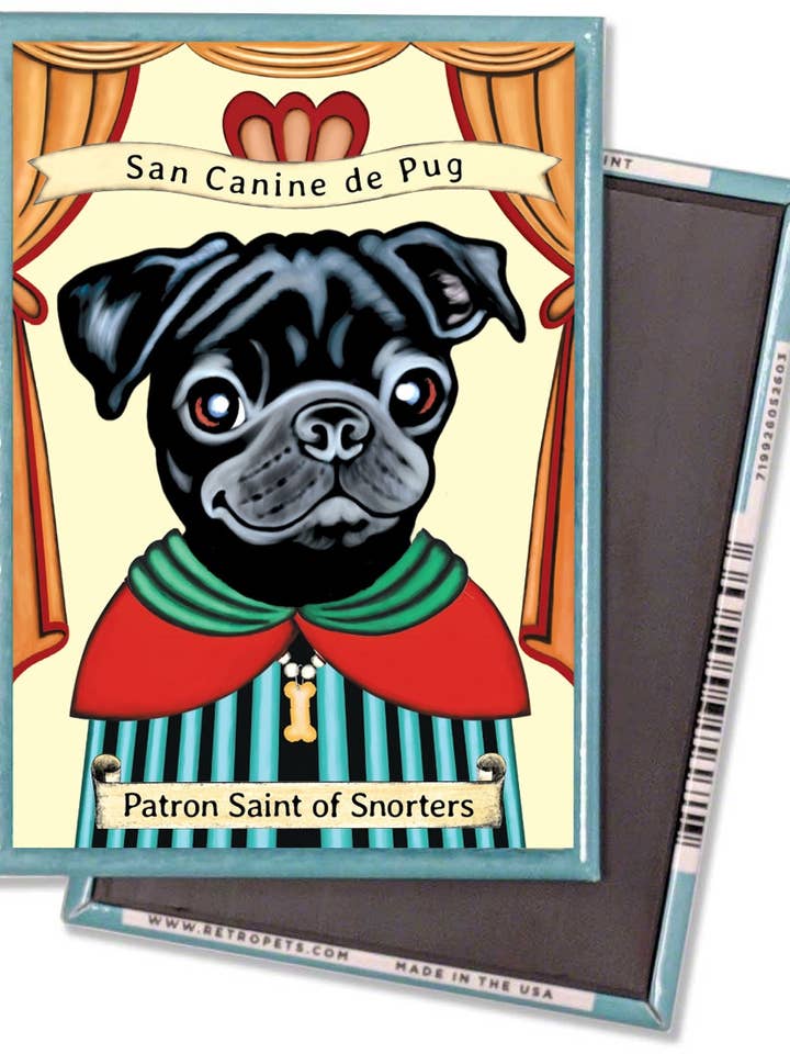 Black Pug 'Saint of Snorters' 4-Pack Magnets for wholesale by Retro Pets