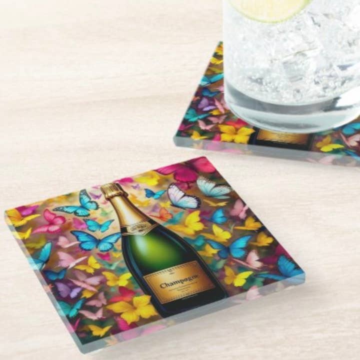 Set di sottobicchieri Champagne e Farfalle per la vendita all'ingrosso da parte di Resinate By KS / by KRISTIN SMITH