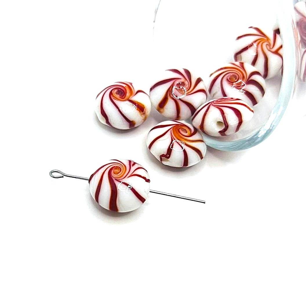 Guerrilla Charm - Wholesale Individual Charm/Pendant - Red and White Mint Candy Glass Lampwork Beads, 17x17mm
