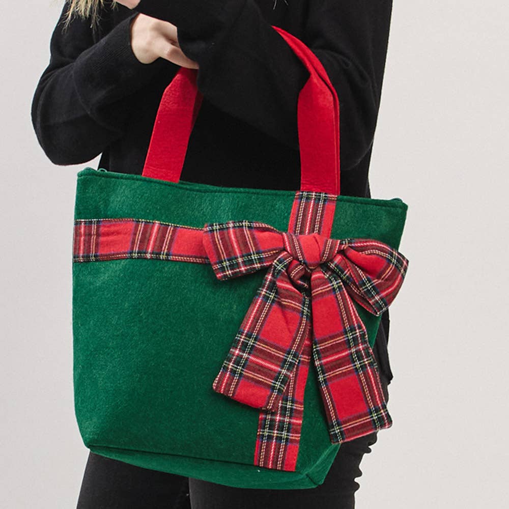 JOIA ACCESSORIES - Wholesale Tote Bag - Women's - CHRISTMAS GREEN TOTE BAG WITH RED PLAID BOW, MB 03213