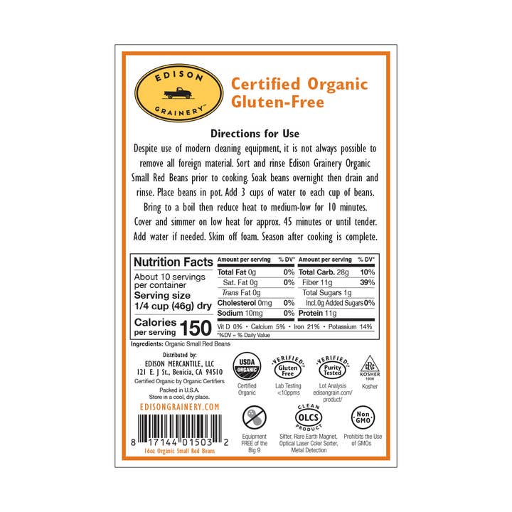 Edison Grainery - Wholesale Beans - Edison Grainery Organic Small Red Beans 16 oz2