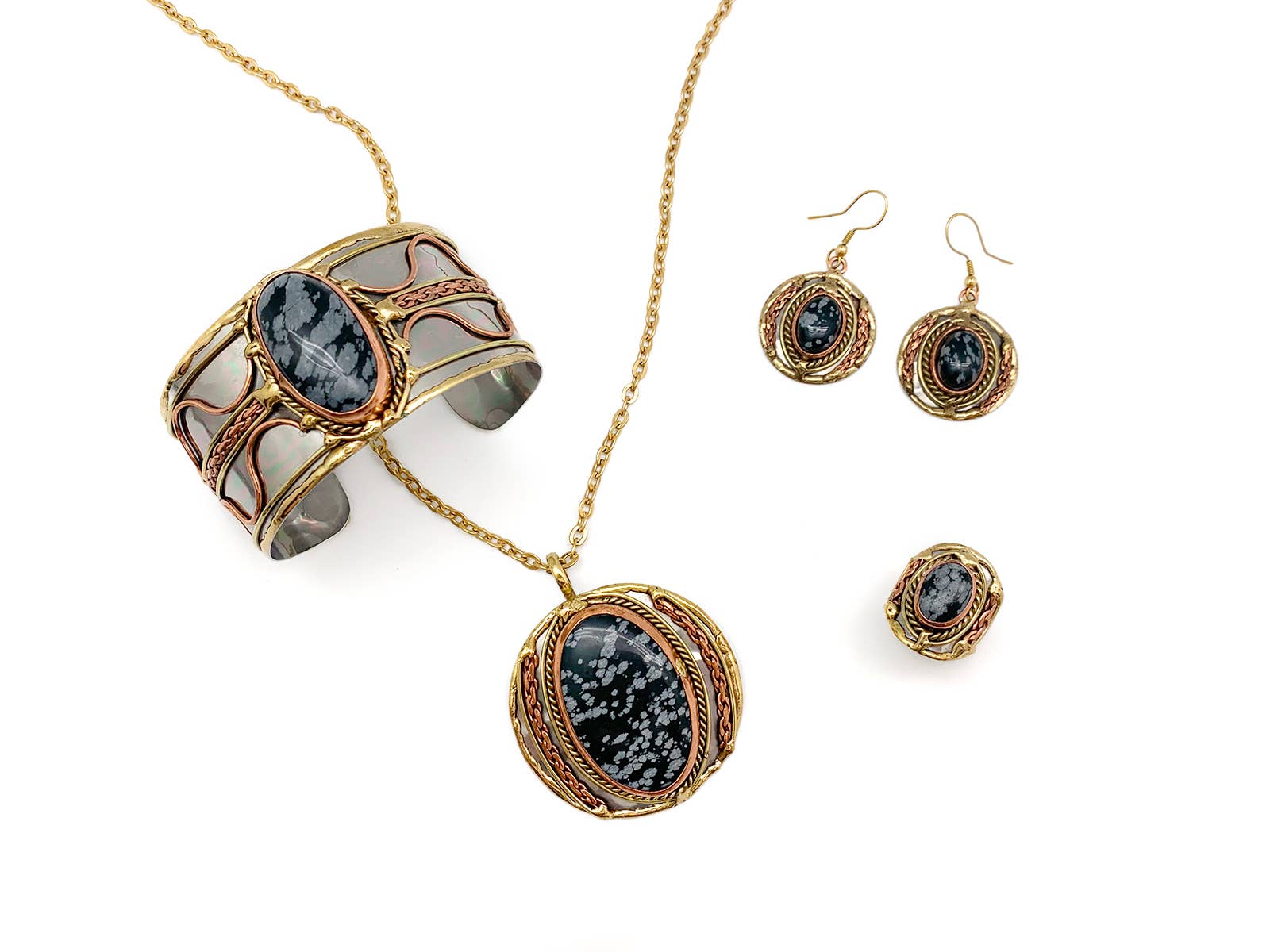 Anju Jewelry – wholesale Pendant/charm necklace – Mixed Metal and Snowflake Obsidian Stone Pendant with chain1