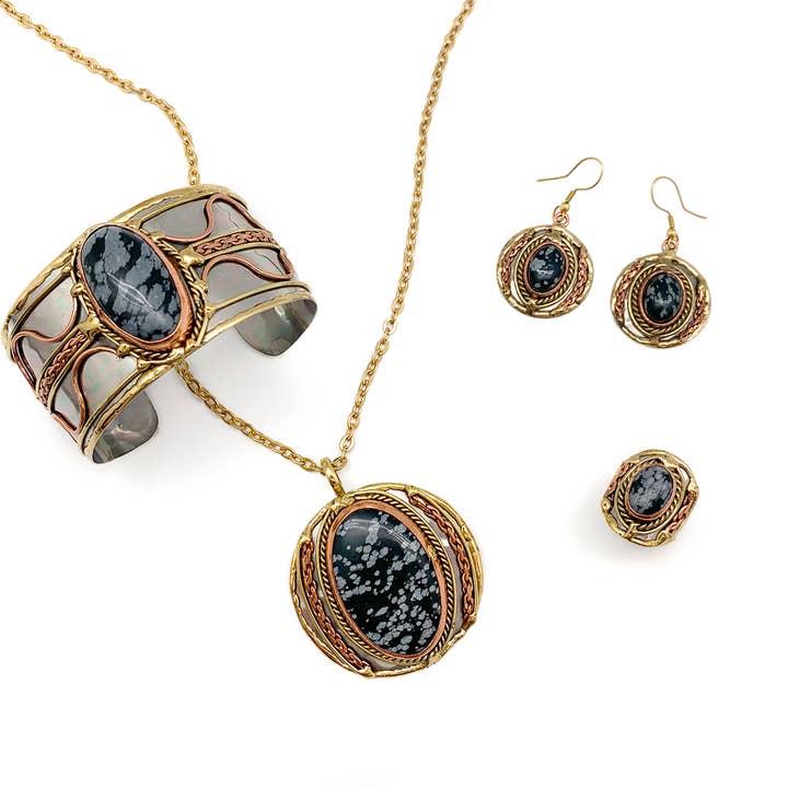 Anju Jewelry - Wholesale Pendant/Charm Necklace - Mixed Metal and Snowflake Obsidian Stone Pendant with chain1