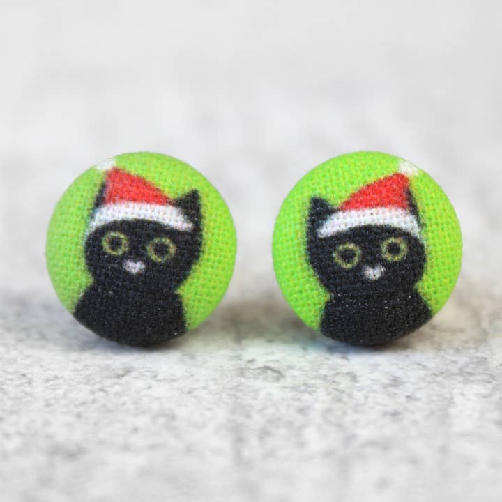 Christmas Kittens Fabric Button Earrings for wholesale by Rachel O's