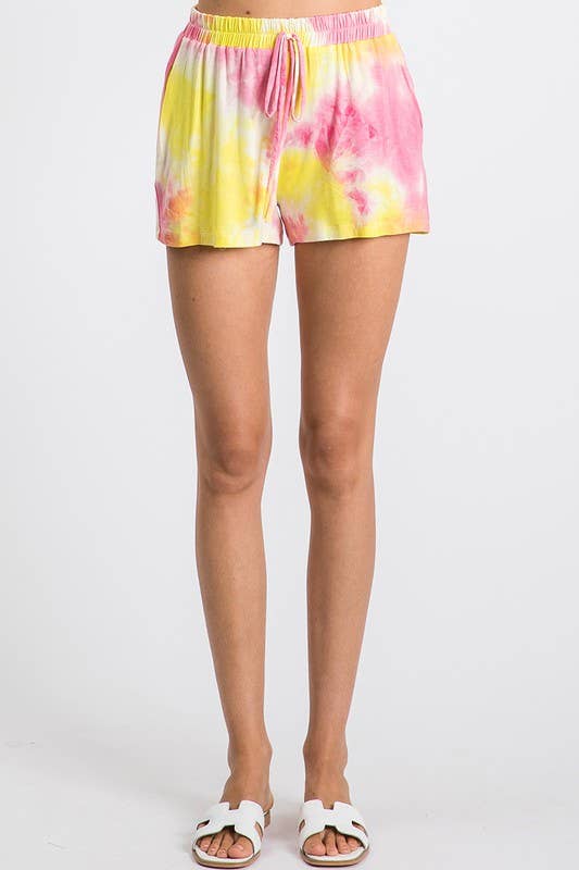 Yellow Pink Tie-Dye High-Waisted Lounge Shorts, WP9465 for wholesale on Faire1