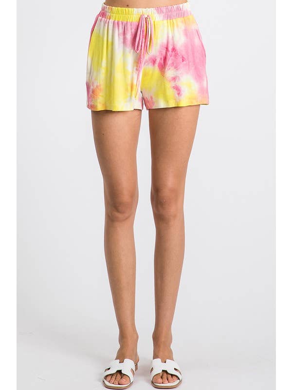 Yellow Pink Tie-Dye High-Waisted Lounge Shorts, WP9465 for wholesale on Faire1