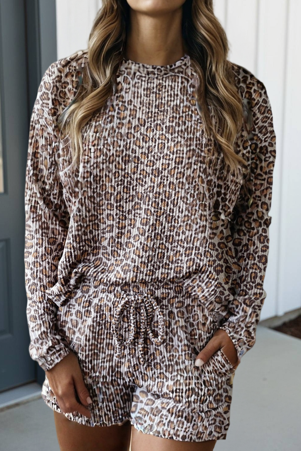 Brown LAS Leopard Ribbed Drawstring Shorts Lounge Set (S-XL) for wholesale on Faire0