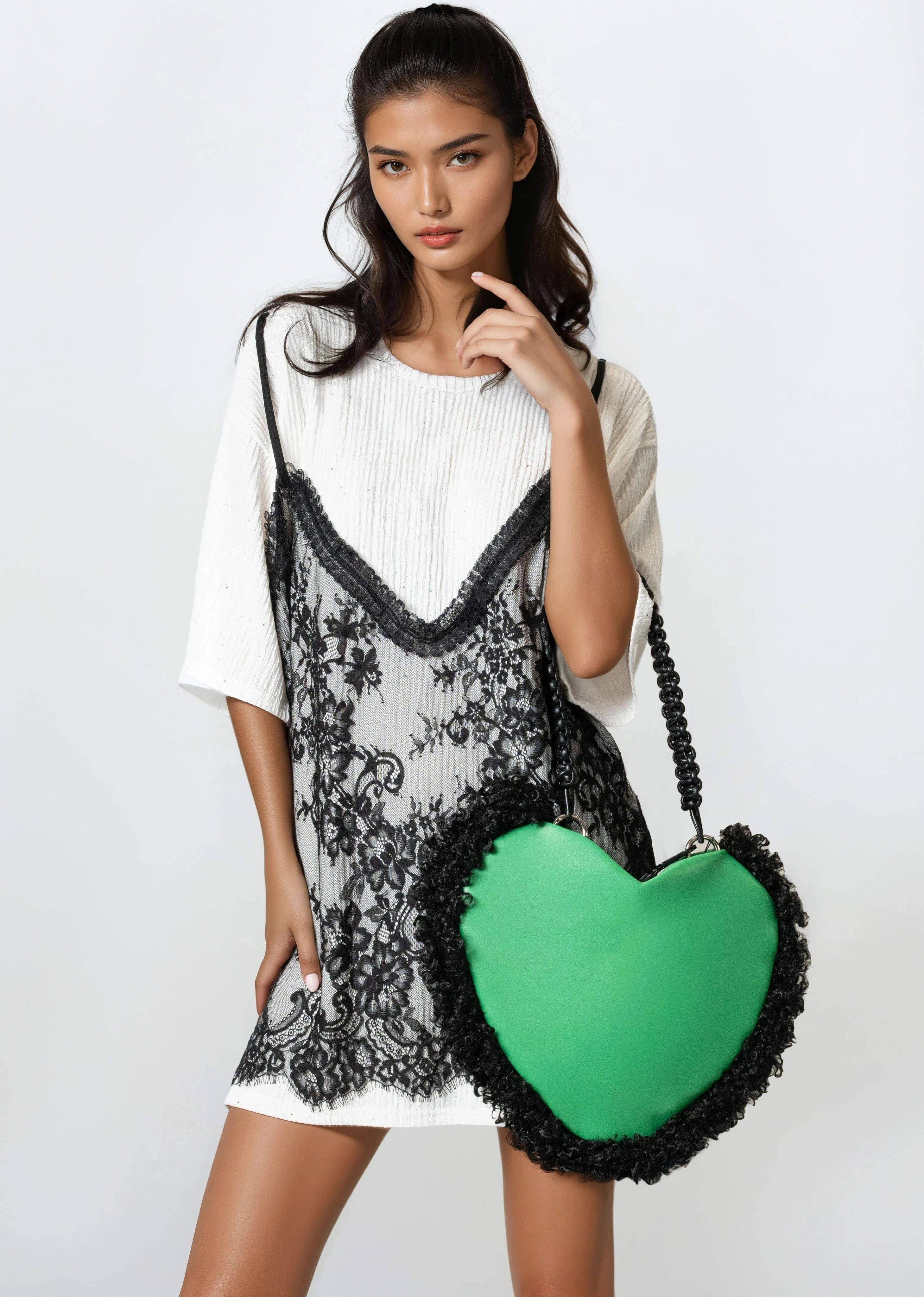 KATE HEWKO - Wholesale Top Handle Bag - Women's - Shag Trim Vegan Leather Heart Bag0