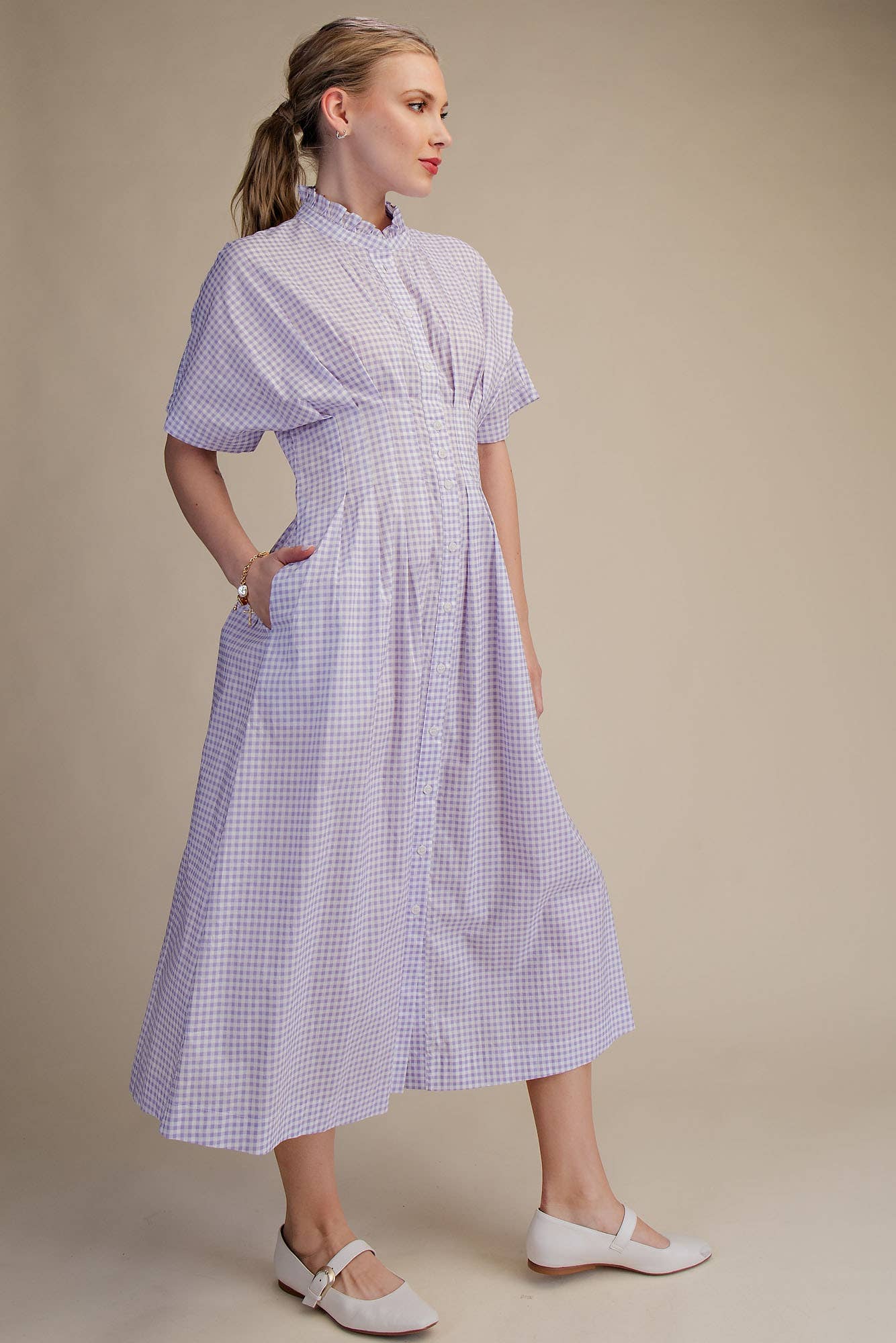 Glam - Wholesale Dress - Women's - Gingham Check Ruffle Neck Waist Pleated Midi Dress12