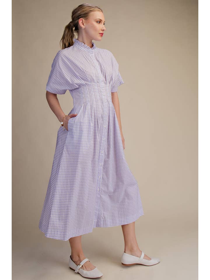Glam - Wholesale Dress - Women's - Gingham Check Ruffle Neck Waist Pleated Midi Dress12