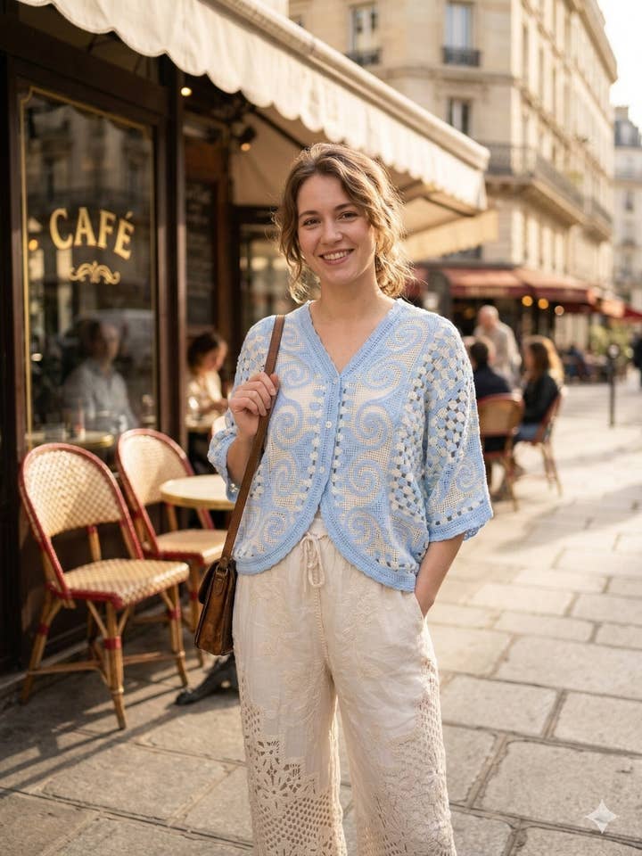 CX ZJ001 - Cardigan em croché com motivos de ondas por atacado de Lucky Nana