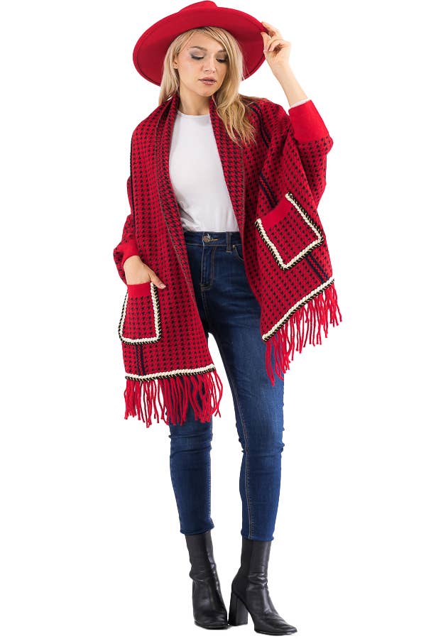 Cap Zone - Wholesale Poncho - Women's - Narrow Tri-Stripe Houndstooth Cardigan Sweater Poncho9