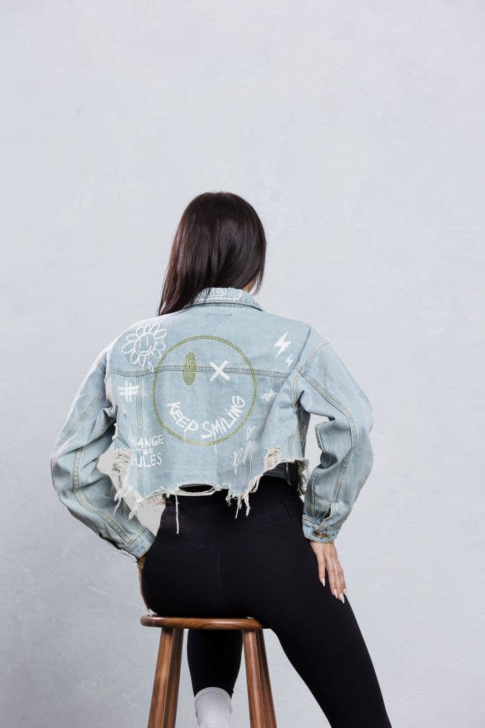 Trio Urban - Vente Veste en jean – femme - Veste en jean à strass Keep Smiling5