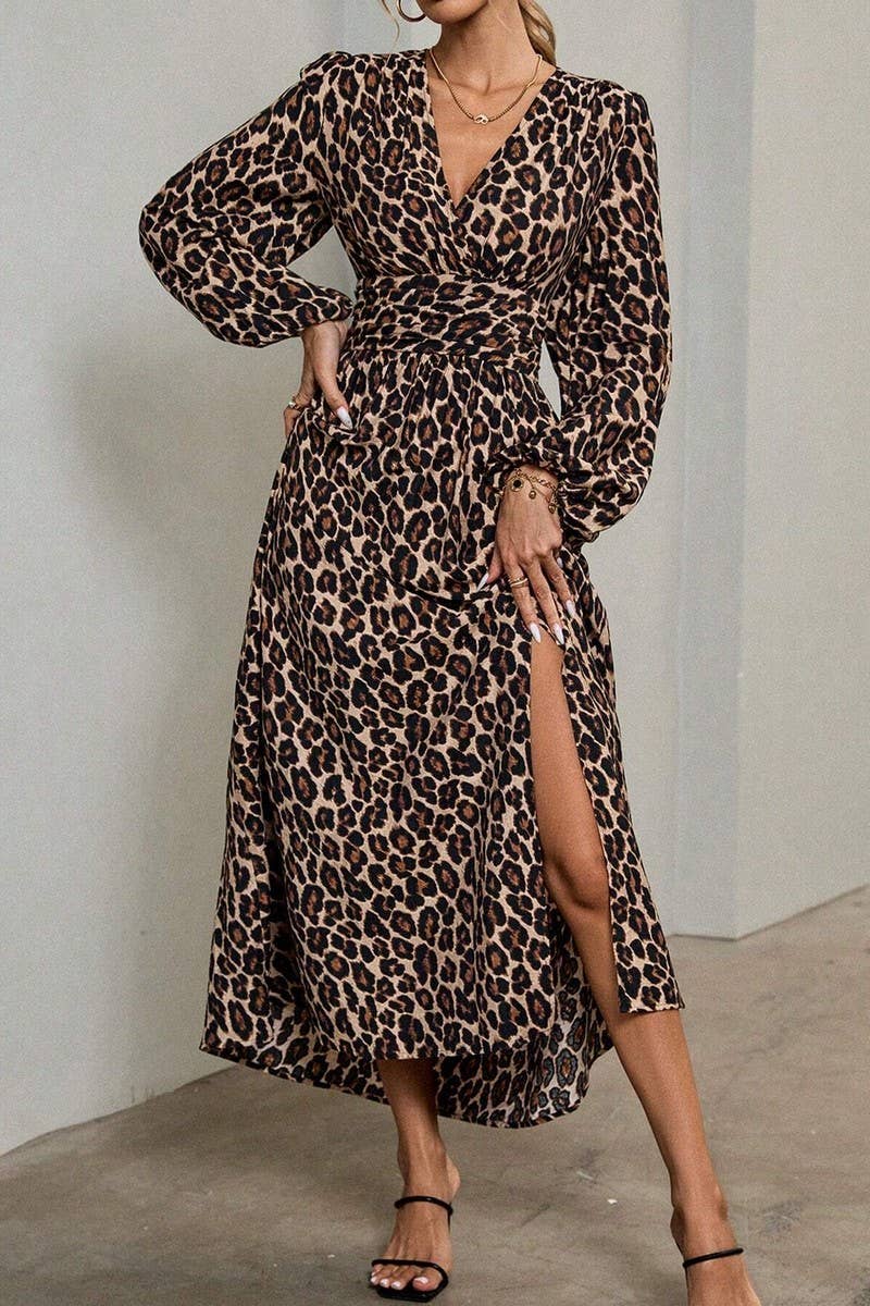 NINEXIS - Wholesale Dress - Women's - CWDMD3950_V-NECK LANTERN SLEEVES HIGH SLIT DRESS14