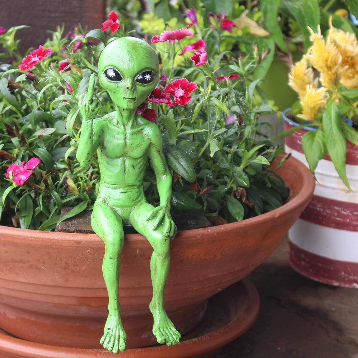 John Bernard & Company - Wholesale Outdoor Ornament/Decor - Rude Alien Statue “Flipping The Bird” 10″ H Shelf Sitter 6