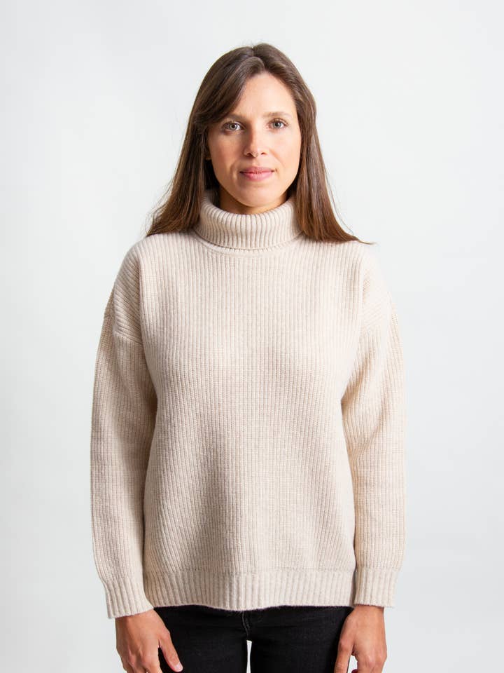 Trui met geribbelde col - Beige voor wholesale door ARMAZÉM DAS MALHAS