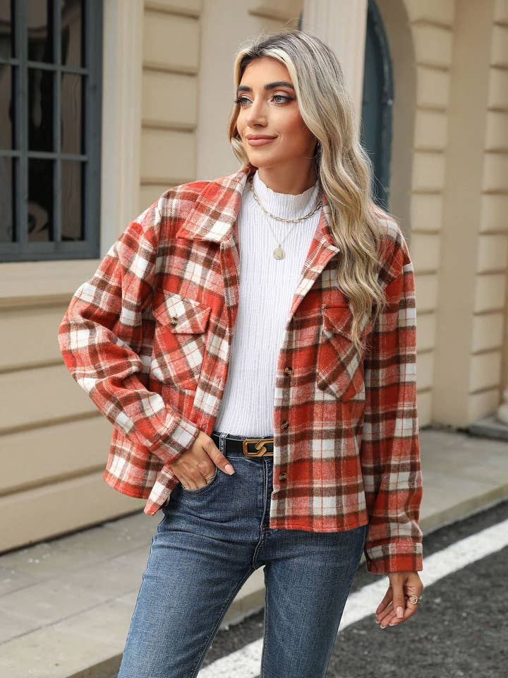 Lovesoft - Wholesale Shirt Jacket/Shacket - Women’s - Long Sleeve Loose Pocket Plaid Top Wool Jacket7