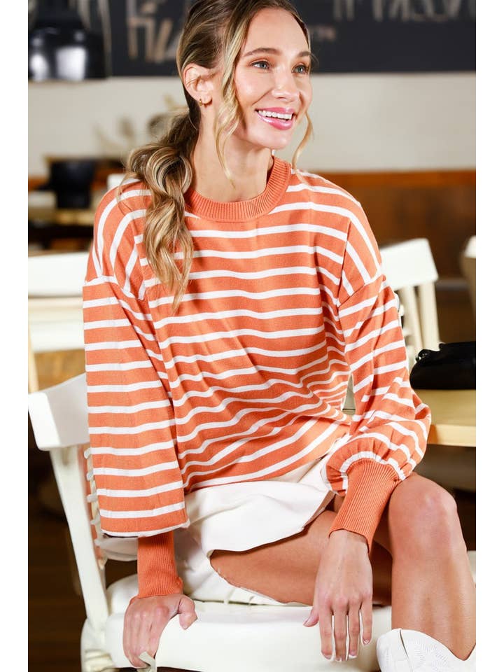 Vine & Love - Wholesale Knit Sweater - Women's - Striped Long Balloon Sleeve Knitted Sweater Top VT60387D12