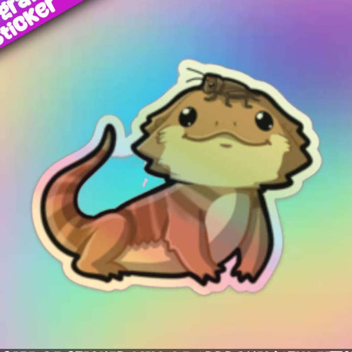 Autocollant holographique Dragon barbu avec un grillon pour la vente par Mega Kawaii Cuties