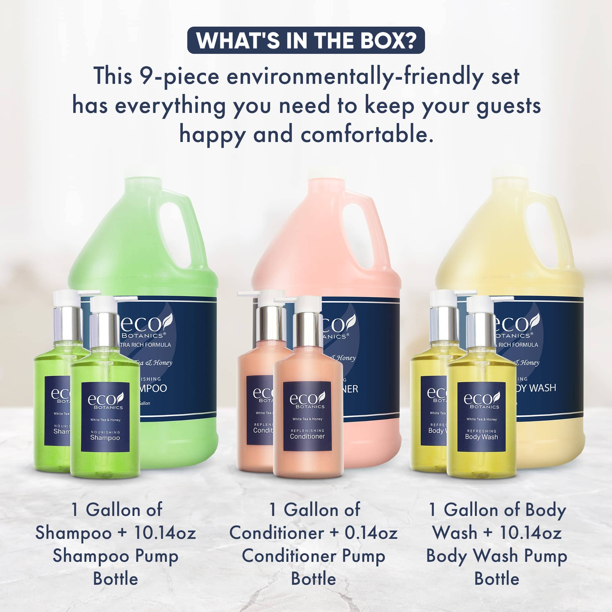 Diversified Hospitality Solutions – Großhandel Bade- & Körperpflege-Set – Eco Botanics Gallonen- & Spenderset | 1-Shoppe All-In-Kit | Shampoo Conditioner Duschgel Gallone | Nachfüllbare 10,14 oz. passende Pumpflaschen3