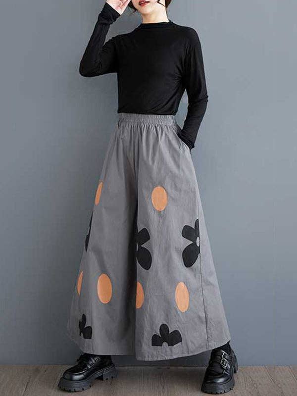 VividLux - Wholesale Pants - Women's - Loose Wide Leg Elasticity Flower Print Pockets Culotte Pants9