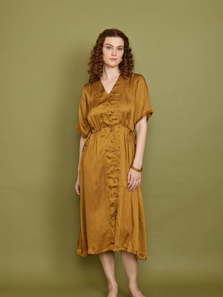 Modal Satin Dress in Turmeric for wholesale by Pana Mina
