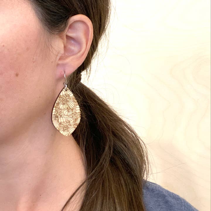 Pumpkin Pattern Drop Earrings Maple Wood for wholesale by Holly and Liz