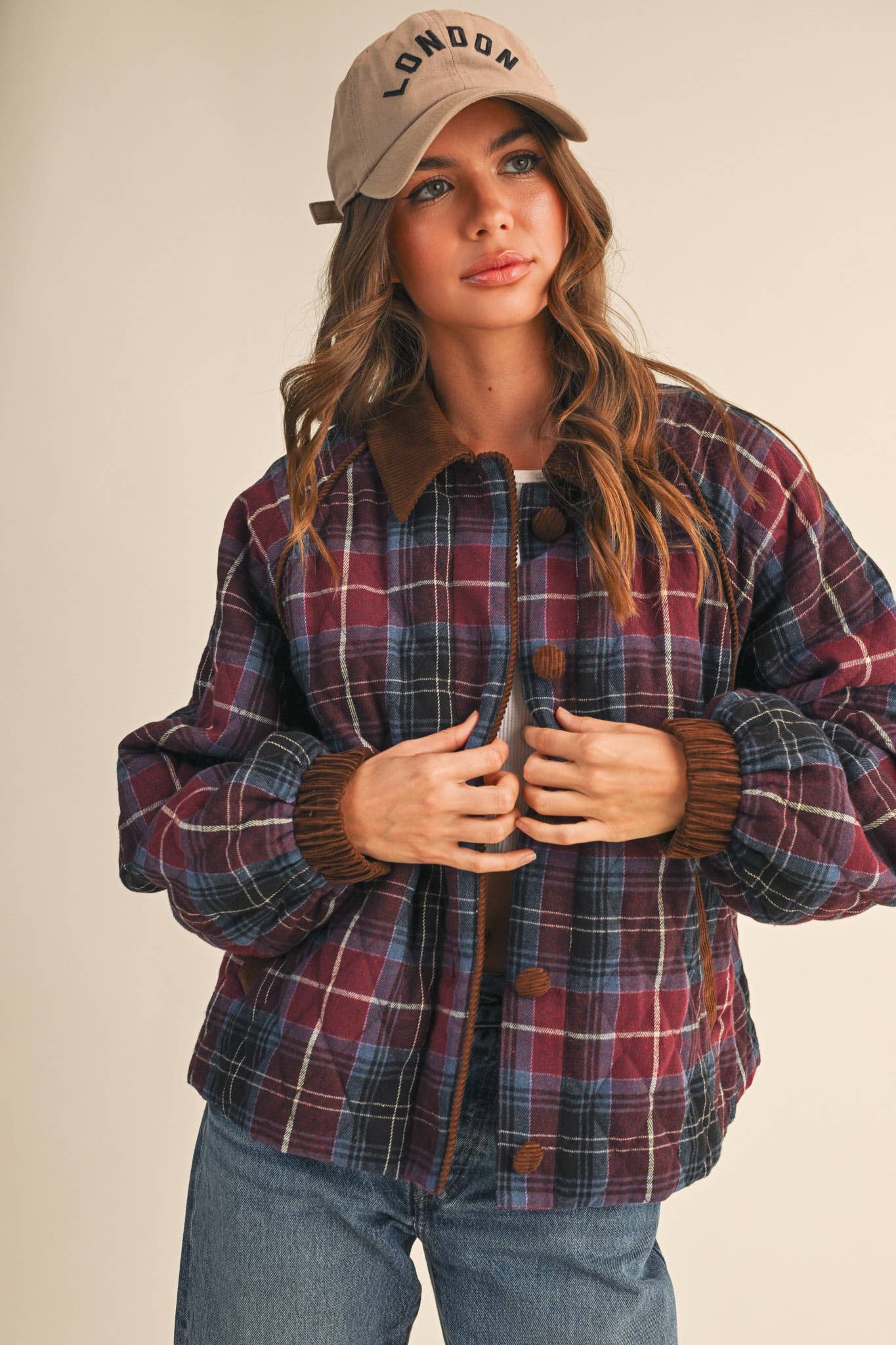 &MERCI - Wholesale Jacket - Women's - PLAID QUILTED JACKET WITH CONTRAST CORDUROY DETAIL MJK411525
