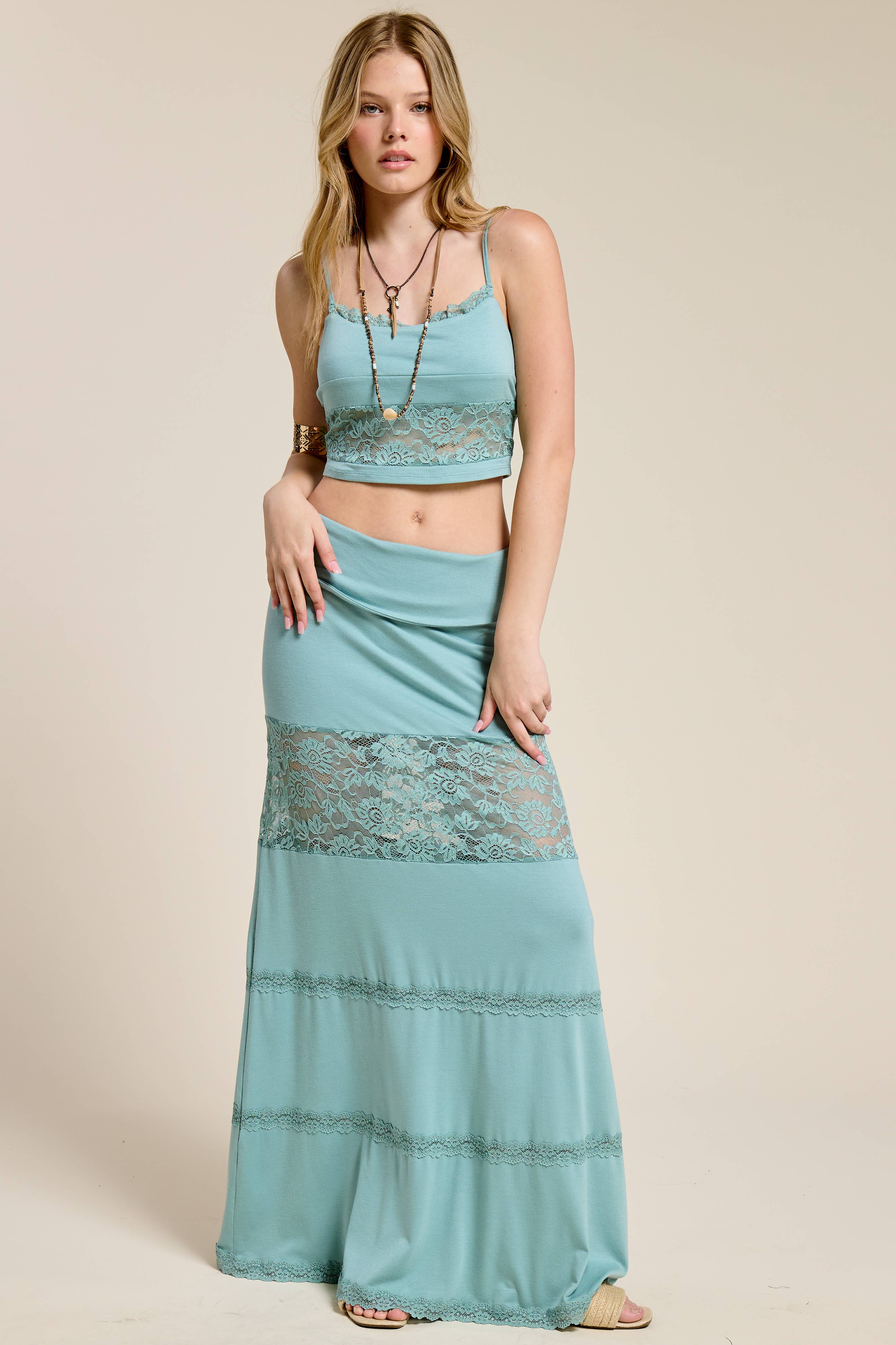 Mimosa - Wholesale Top & Skirt Set - Women's - Lace Contrast Cami and Fold over Maxi Skirt Set5
