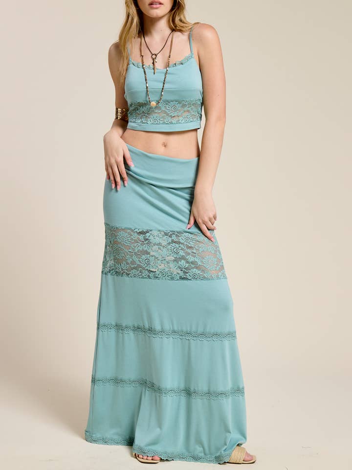 Mimosa - Wholesale Top & Skirt Set - Women's - Lace Contrast Cami and Fold over Maxi Skirt Set5