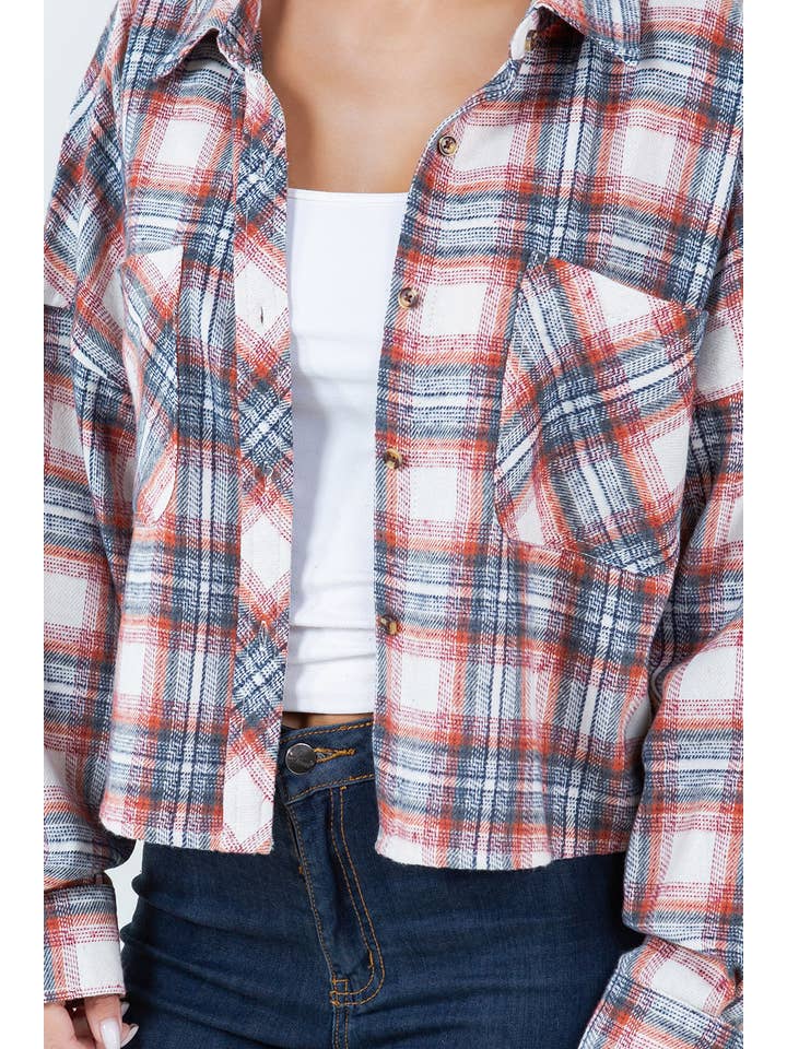 Veracci - Wholesale Button Down Shirt - Women's - Boxy Cropped Long Sleeve Plaid Over Shirt9