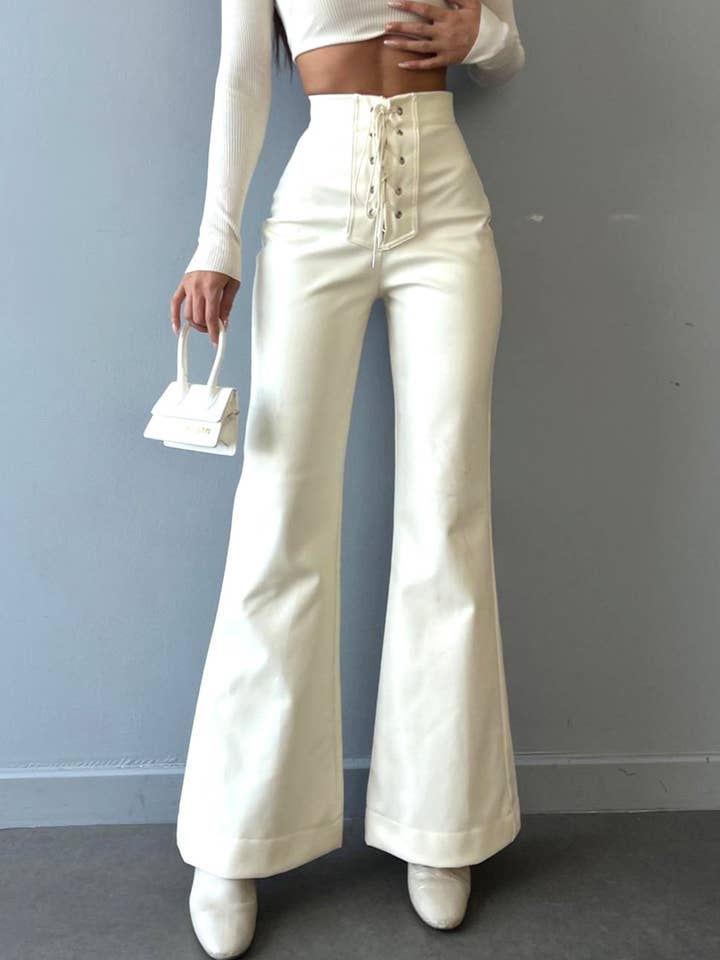 High-waisted slightly flared PU faux leather pants for wholesale by HIDDENBRAND