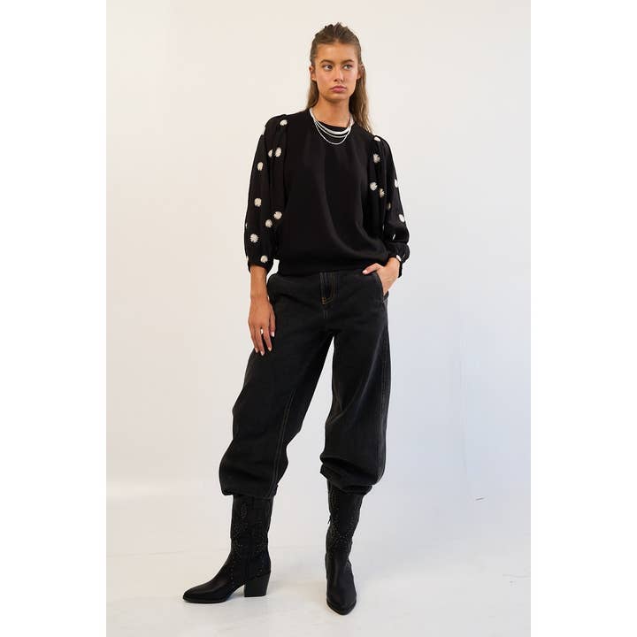 BLACK Embroidered Daisy Balloon Sleeve Knit Top for wholesale on Faire7