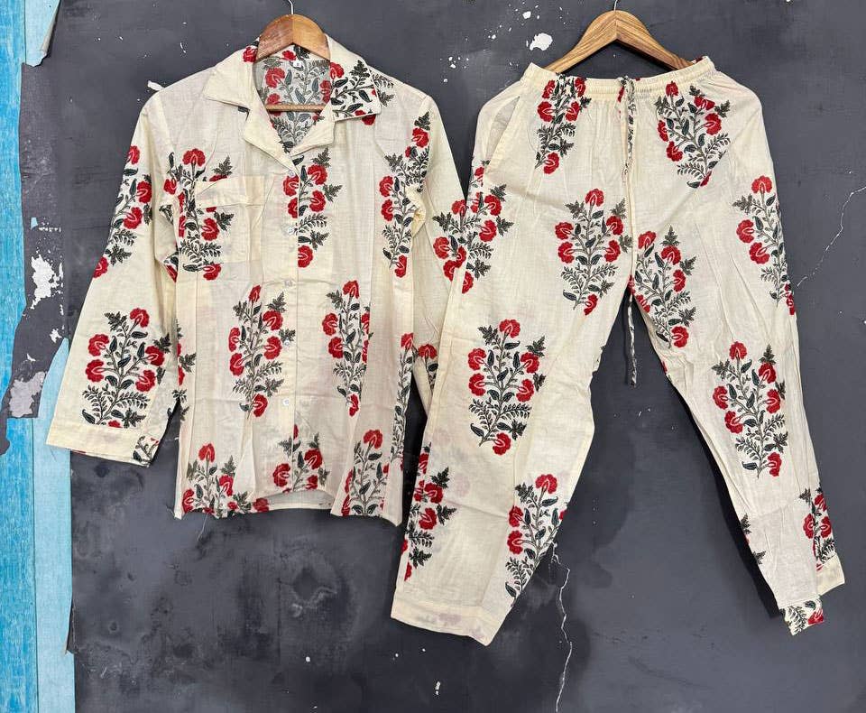 GYPSY STUDIO – wholesale Pyjamasset - Dam – Vit färgblocktryck dam bomullsklänning nattkläder pyjamas set0