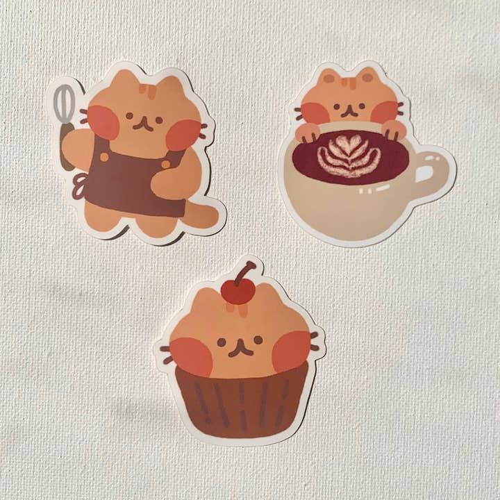 mocha cat waterproof stickers - 3 designs for wholesale by cxnart