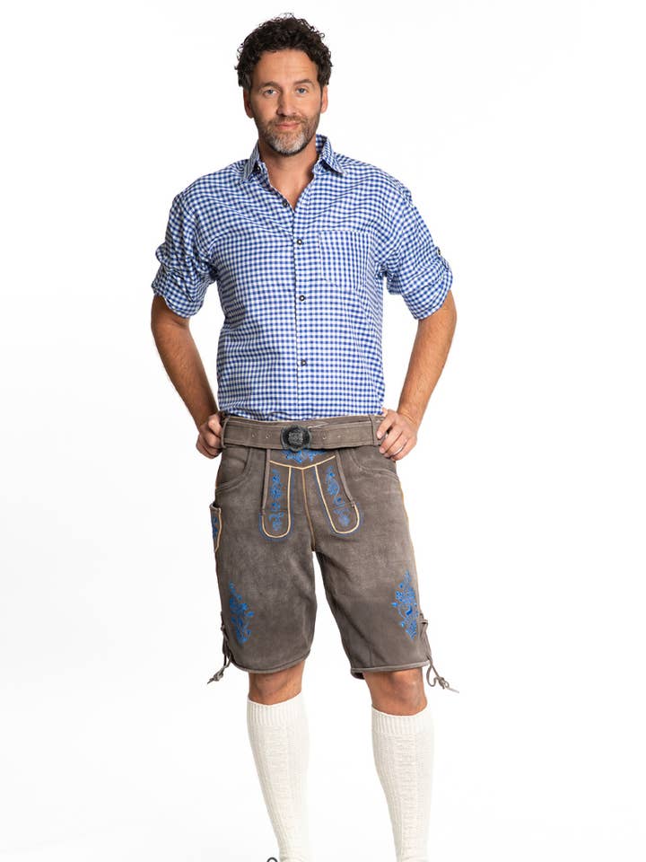 Lederhose Gaudi Short Brown/ Blue - Party Costume for wholesale by Partychimp