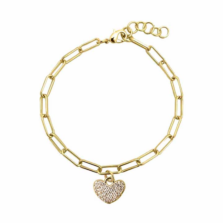 Pave Heart Charm Bangle Bracelet with Paper Clip Design for wholesale by Silver N Accessories