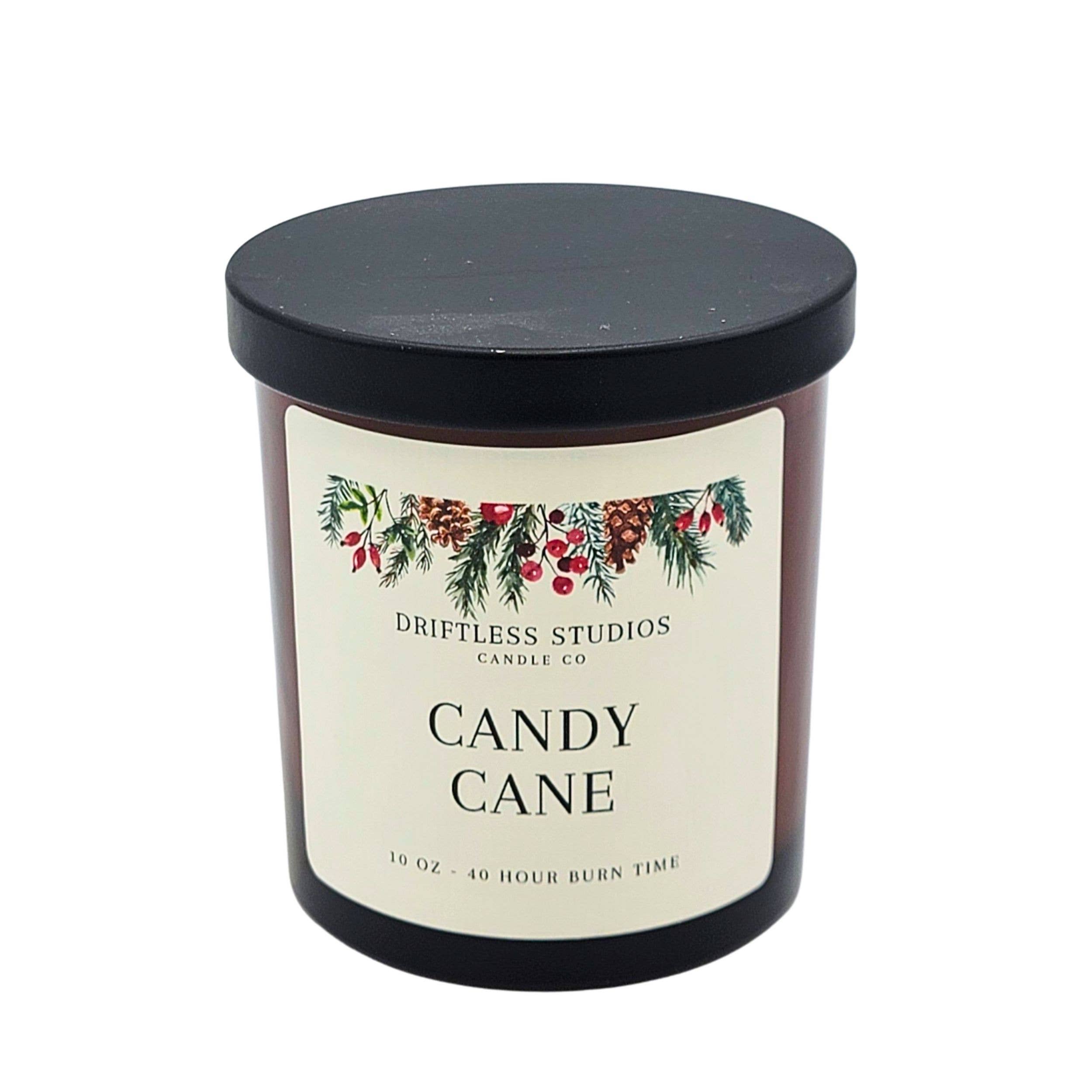 Driftless Studios - Wholesale Jar/Filled Candle - Candy Cane Christmas Amber Glass Candles - Holiday Decor