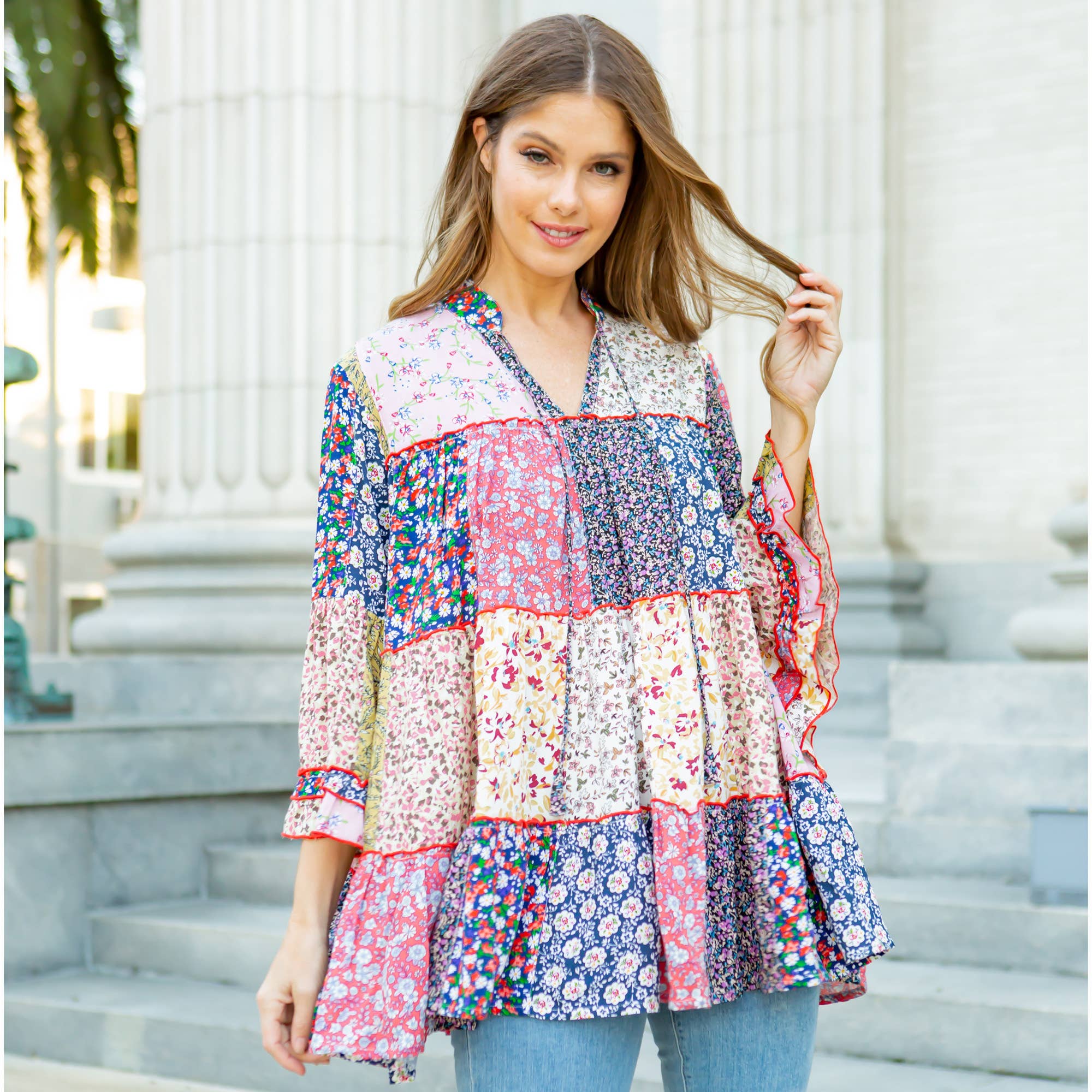 Multicolor Túnica de Patchwork Floral Multicolor Boho con Capas EN TALLA GRANDE de venta al por mayor en Faire