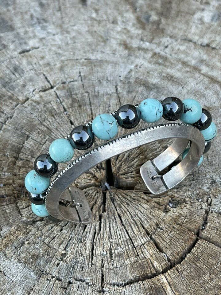 Vintage Navajo Fox Turquoise & Marcasite Bead Bracelet Cuff for wholesale by Nizhonitradersllc