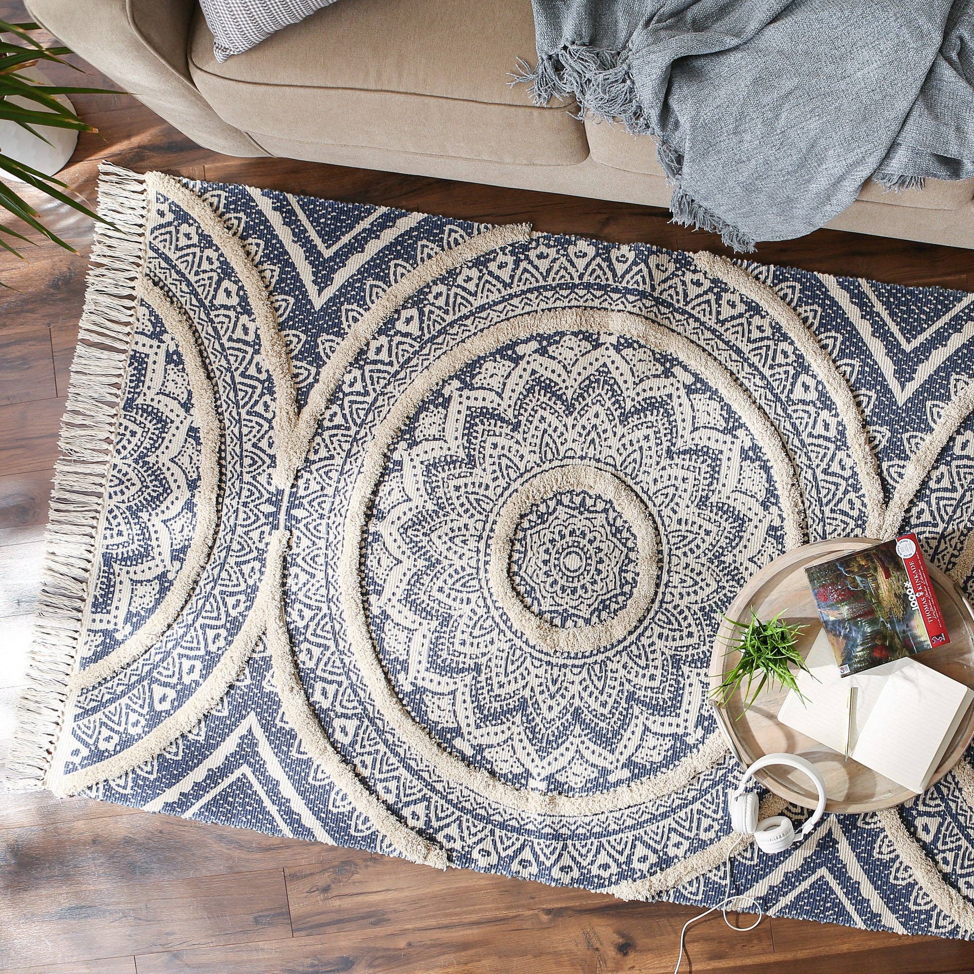 Welcome Home Unbeatable Deals - Vente Tapis - Tapis Shag tissé à la main naturel imprimé bleu français 4X6 pi5