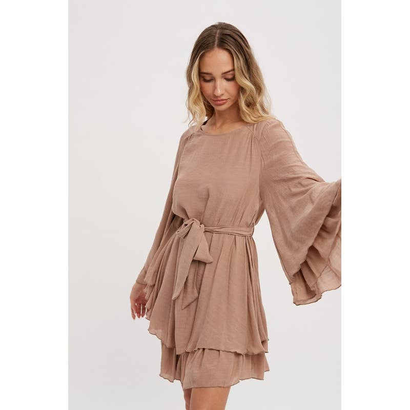 Pink Irene Wholesale - Wholesale Dress - Women's - LONG BELL SEEVE SELF TIE RUFFLE HEM SOLID DRESS7