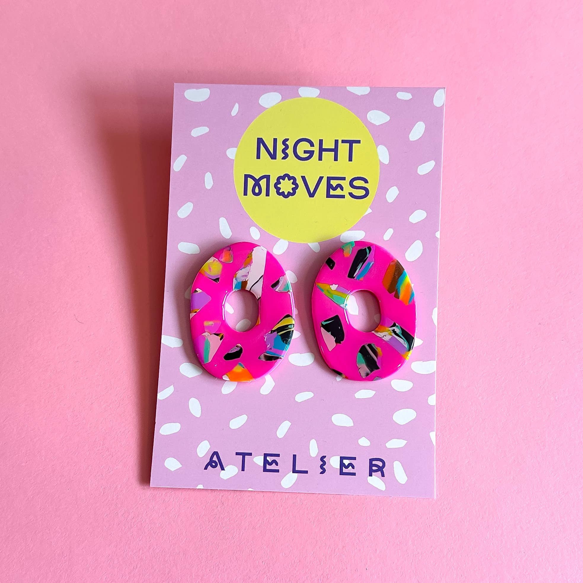 Night Moves Atelier - Vente Clous d'oreille - Boucles d'oreilles ovales en terrazzo marbre Cosmic Bowling2