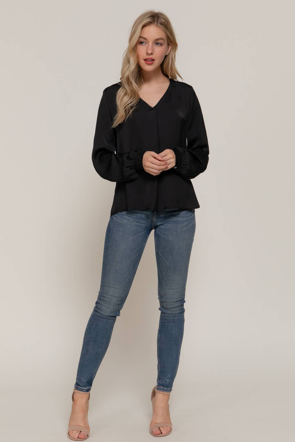 Active Basic | Active USA - Wholesale Blouse - Women's - Long Sleeve V-Neck with Pleats Satin Blouse11