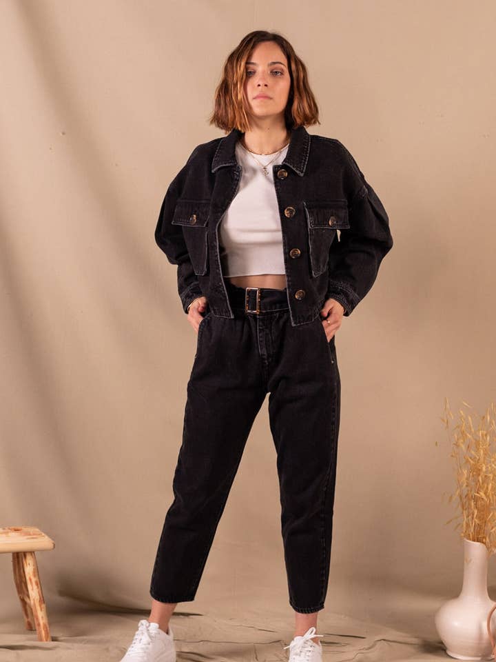 Women's Black Organic Cotton Denim Jacket - Jeanne for wholesale by Nagev