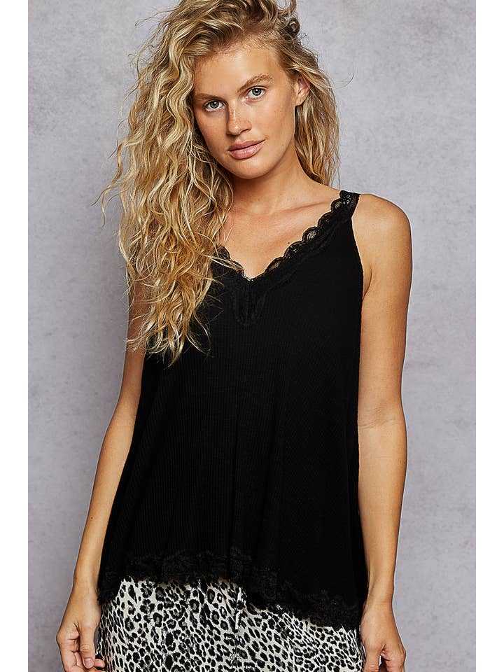 Pol Clothing - Wholesale Tank Top - Women's - V-neck Sleevleess Lace Trim Solid Tank Top SALE