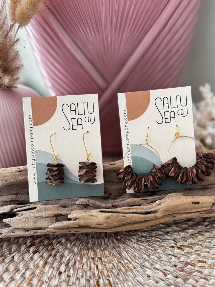 Brown Coconut Shell Drop & Hoop Earrings | Set of 2 for wholesale by Salty Sea Company